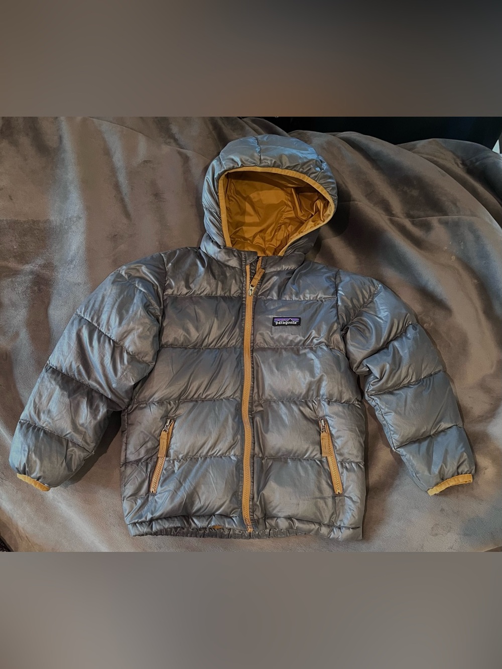 Patagonia Silver Puff Jacket with Mustard Yellow Lining